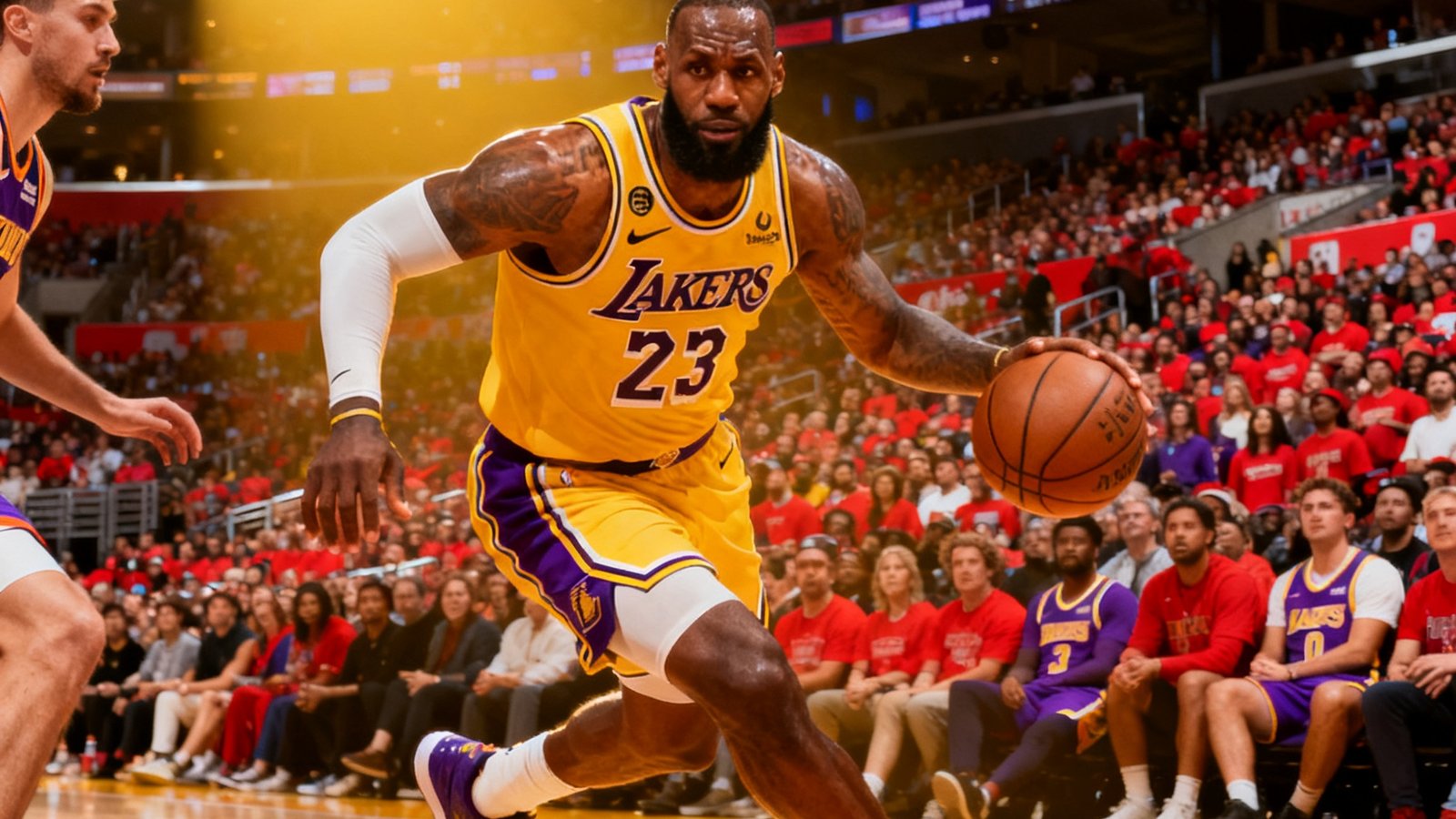 NBA常规赛洛杉矶湖人队对阵波士顿凯尔特人队，詹姆斯持球突破内线，斯台普斯中心聚光灯照亮球场，观众席爆满