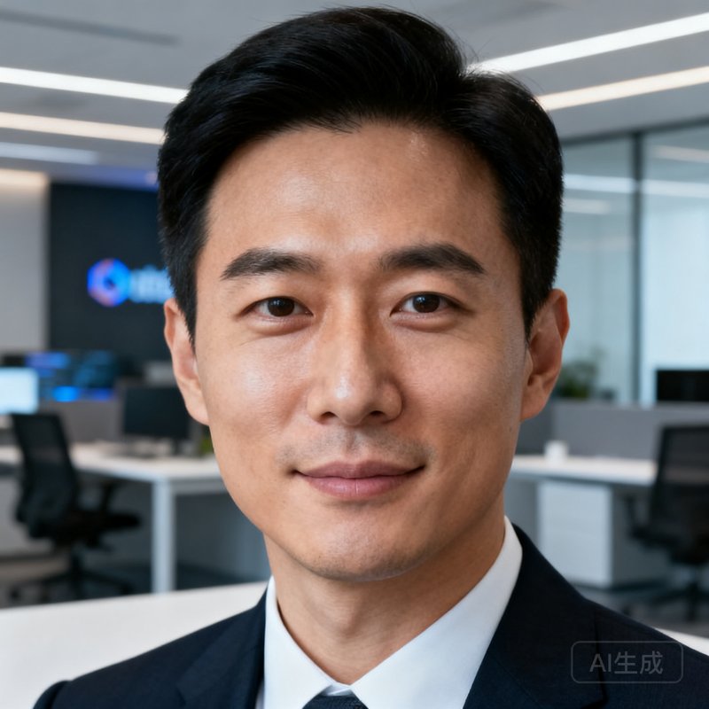 飞球直播创始人兼CEO陈志远的专业头像，身穿深色西装，背景为科技公司办公室，表情自信沉稳