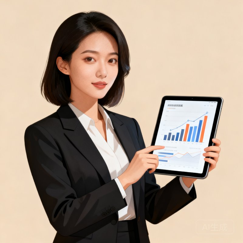 飞球直播数据分析总监苏婉的专业头像，女性，手持平板电脑展示数据图表